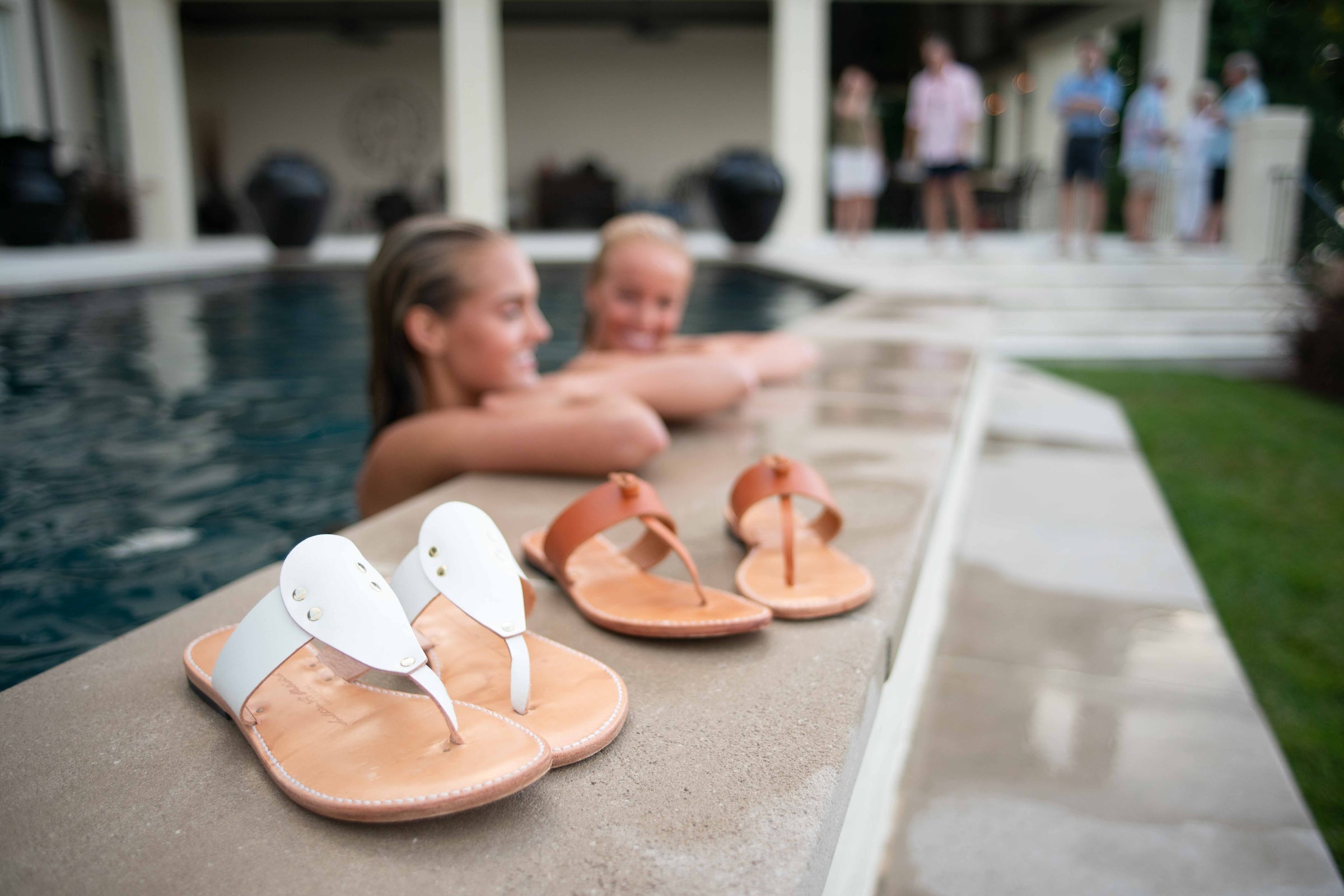 Ladies swimming, Sandals by the pool